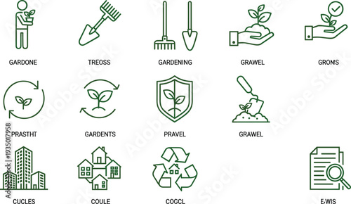 Gardening icons, sustainability, eco tools, plant care, recycling, urban green, soil cultivation, renewable energy, eco lifestyle, environmental awareness, clean growth, conservation