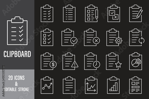 Clipboard and checklist outline icon set with business tasks, strategy, approval, tax and document management symbols. 20 Clipboard Task Management Line Icons. Survey icon set. Medical report icon