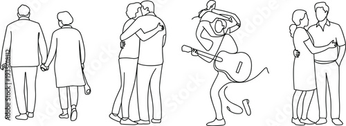 Flat vector illustration of diverse couples showing romance music and companionship