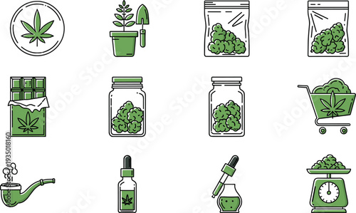 Cannabis icons, marijuana leaf, cannabis plant, cannabis buds, cannabis packaging, cannabis chocolate, cannabis jar, cannabis oil, cannabis retail, cannabis scale