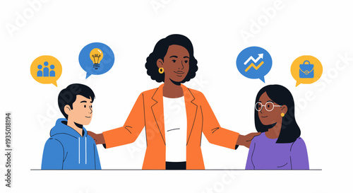 Female mentor guiding young students or employees with business and creative icons.