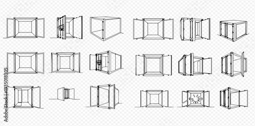 Set of hand-drawn sketches of shipping containers with open and closed doors from various angles, isolated on a transparent background.