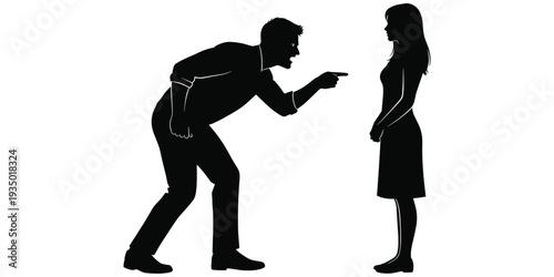 Flat vector illustration of confrontation silhouettes, aggressive pointing gesture, conflict communication, passive stance, behavioral analysis, interpersonal tension design