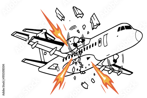 Plane hit by missiles and exploding in air vector illustration
