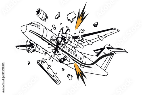 Turboprop aircraft mid-air explosion and disintegration 