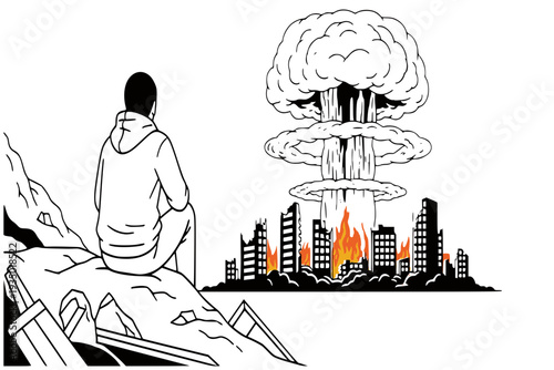 Man watching nuclear explosion over burning city 
