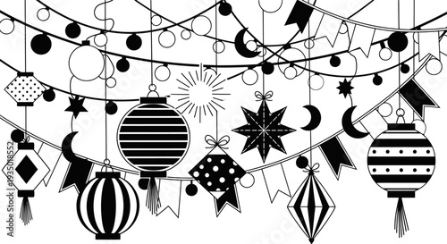 Festive Background with Hanging Lanterns, Buntings, and Stars.