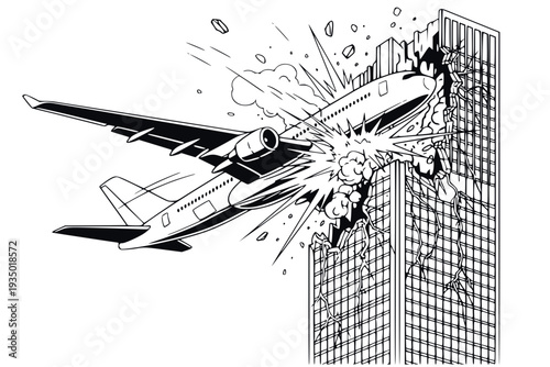 Airplane crashing into skyscraper building vector illustration
