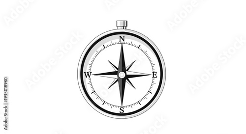 Classic silver magnetic compass icon, navigation and direction tool, vector illustration isolated on white background.