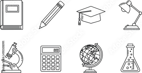 Education and science line icons vector set with book pencil microscope calculator globe and laboratory flask