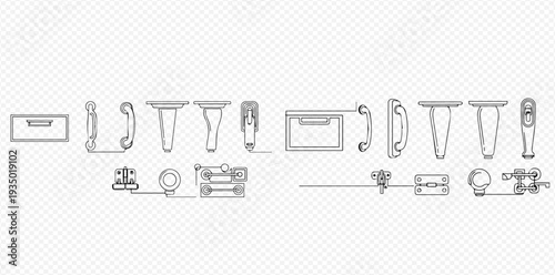 Set of various furniture handles and legs in line art style for home decor.