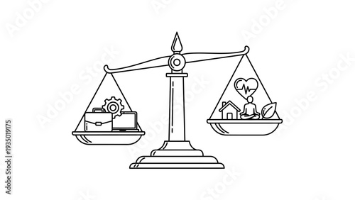 Work-Life Balance Concept Illustration with Scales Weighing Career and Personal Wellness.