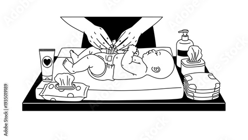 Mother Changing Baby Diaper on Changing Table with Hygiene Products.