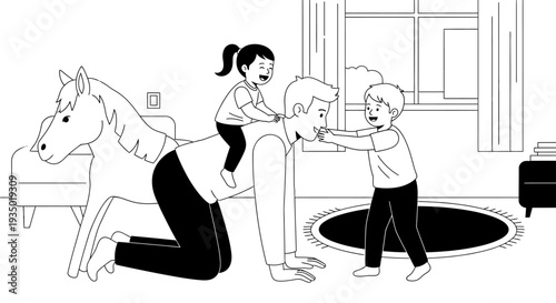 Father Playing with Children at Home, Piggyback Ride, Family Bonding Line Art.