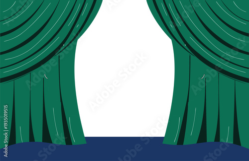 Green Stage Curtains with Blue Floor on White Background Illustration