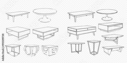 Set of hand-drawn coffee tables and side tables in various shapes and styles, isolated on a transparent background.