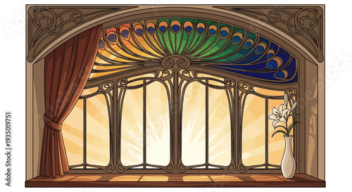 Elegant room with large stained glass window and flower vase