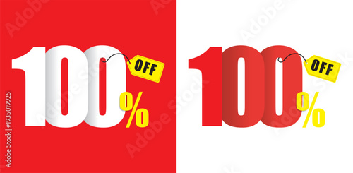 Red and white 100 percent off sale tags on red and white backgrounds discount price tag