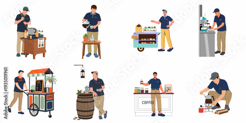 Diverse illustrations of male baristas and coffee vendors engaged in various activities, from preparing and brewing to serving and selling coffee in different settings.