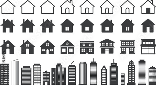 House and city buildings icon collection residential homes and skyscrapers vector set isolated on white background real estate