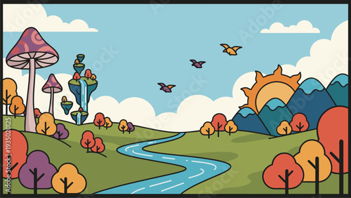 Whimsical Fantasy Landscape Illustration for Children's Books & Nature Projects