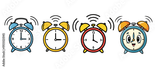 Set of Four Colorful Alarm Clock Illustrations in Different Styles and Colors