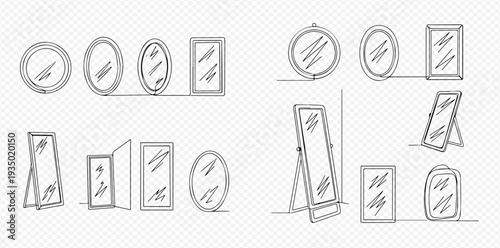 Set of hand-drawn doodle mirrors in various shapes and styles, including round, oval, rectangular, and full-length designs, isolated on a transparent background.