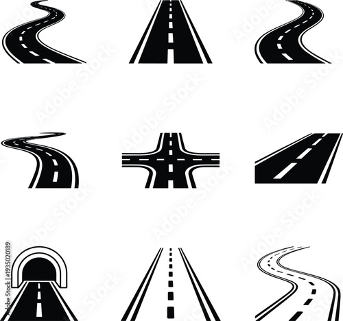 Road icons collection highway street curves intersection tunnel vector set isolated on white background transportation route design elements