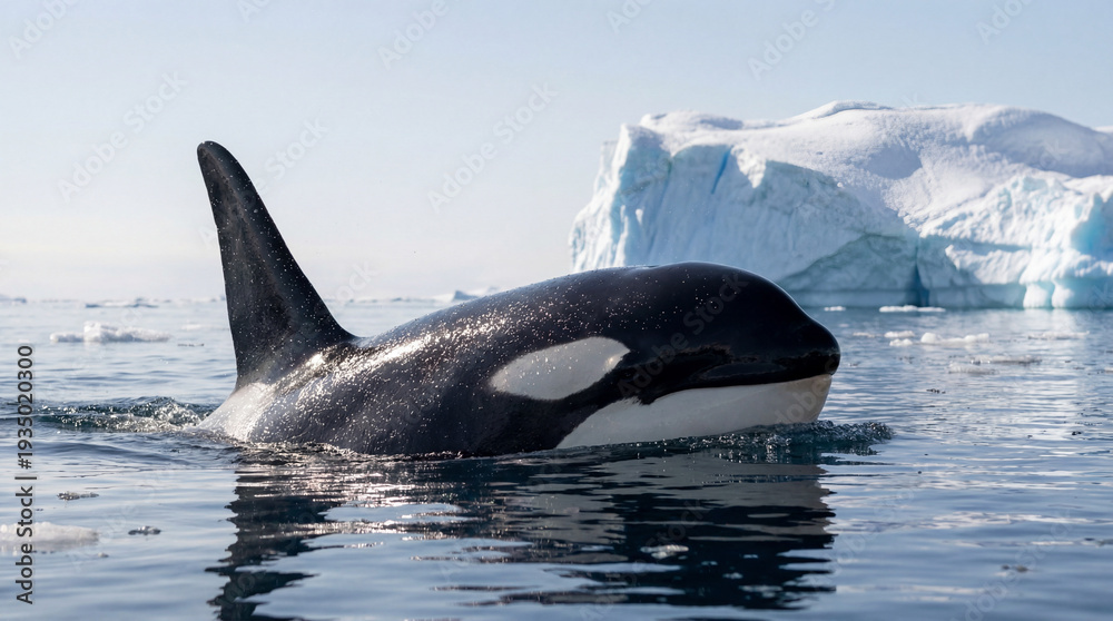 Fototapeta premium Orca killer whale surfacing in arctic ocean with iceberg in background 