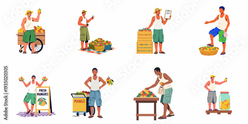 Collection of diverse street vendors selling fresh mangoes and other tropical fruits, showcasing local markets and fruit selling professions.