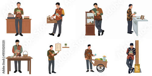 Illustrations of Indonesian men in batik, engaging in various commercial activities, handling money as shopkeepers, vendors, and business owners in traditional settings.