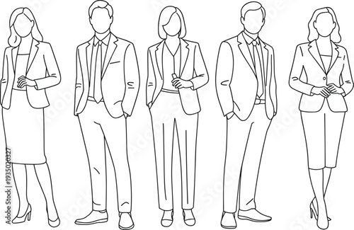 Business team silhouettes, professional attire, corporate standing group illustration, flat vector