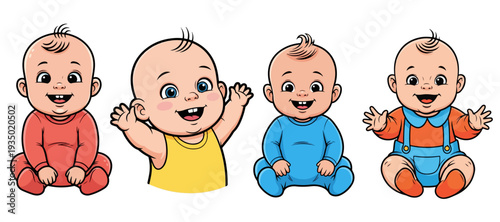 Collection of Adorable Cartoon Baby Character Illustrations Sitting and Waving in Colorful Outfits for Nursery Decor, Baby Shower, and Childcare Graphic Design