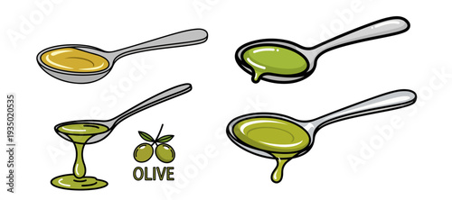 Set of Four Illustrations Showing Olive Oil Pouring and Sitting on Metal Spoons