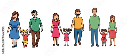 Collection of Happy Family Illustrations with Parents and Children Holding Hands for Household, Parenting, and Domestic Life Concepts