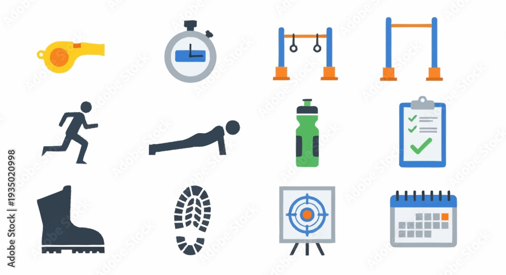 Fototapeta premium Sports icons set including whistle, stopwatch, hurdles, and athletic equipment.