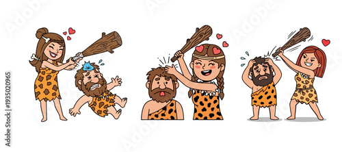 Funny Prehistoric Caveman and Cavewoman Couple Illustrations with Wooden Clubs and Heart Symbols for Humorous History and Relationship Concepts