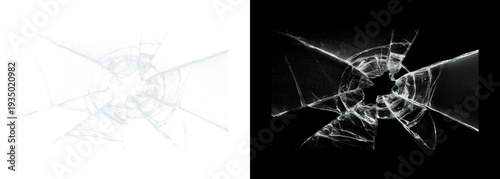 Bild auf Leinwand Cracked glass on white and black backgrounds broken window pane with radial frac