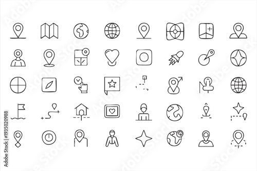 Location map and navigation line icon set for GPS and tracking apps