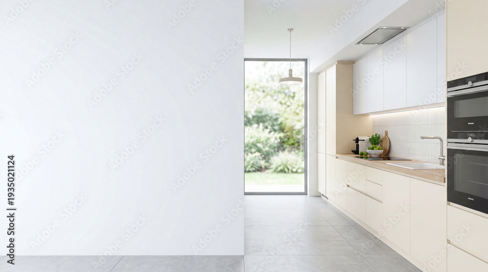 Fototapeta premium Modern Contemporary kitchen room interior .white and cream color material 3d render