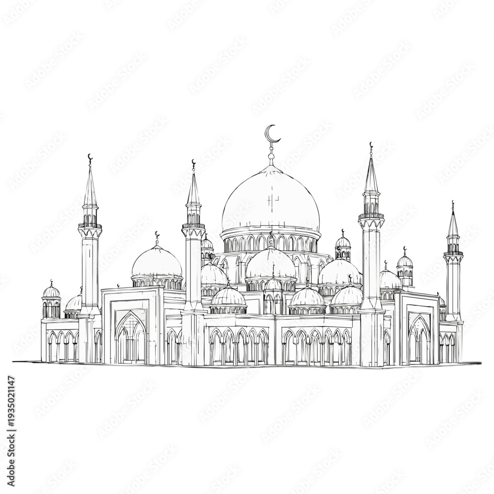 Fototapeta premium Elegant mosque architecture with domes and minarets illustration