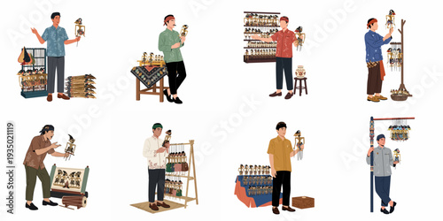 Indonesian artisans and performers with Wayang Golek puppets, representing traditional Javanese culture, craftsmanship, and storytelling.