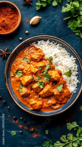 Delicious Indian butter chicken with rice and spices on a plate