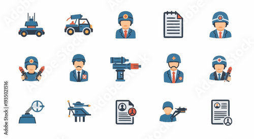 Set of blue construction worker icons with various tools and documents.