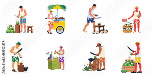 Tropical Coconut Vendors Preparing and Selling Fresh Drinks - A Collection of Flat Vector Illustrations
