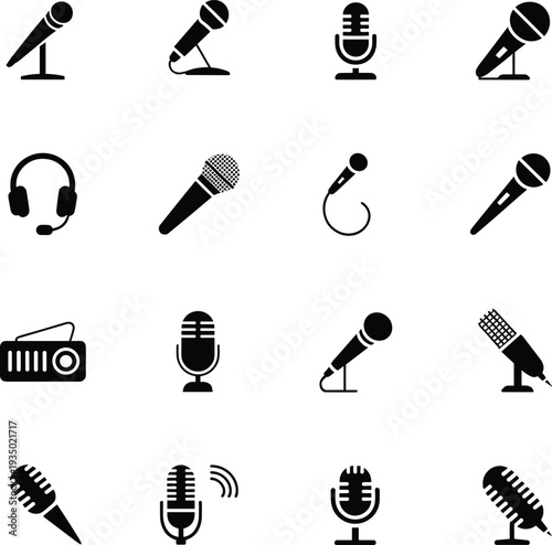 Collection of professional microphone icons including studio condenser vintage radio handheld and headset symbols for podcasting broadcasting and audio recording equipment
