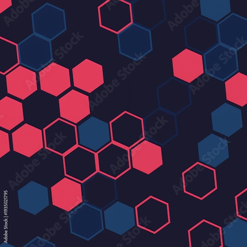Bright Abstract Black Background with Partial Overlapping Red and Blue Hexagonal