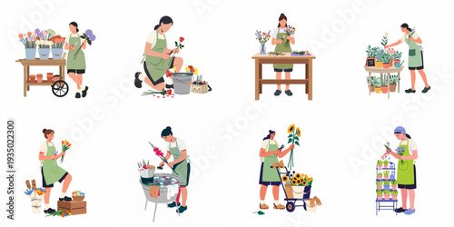 Collection of illustrations depicting women florists and gardeners arranging flowers, caring for plants, and preparing beautiful bouquets for sale or display.