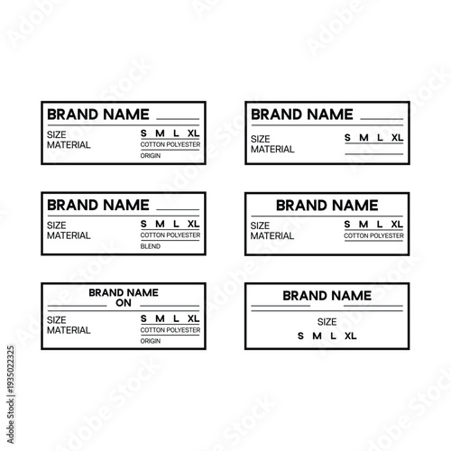 Six different blank clothing labels with fields for brand name, size, material, and origin, suitable for product customization.
