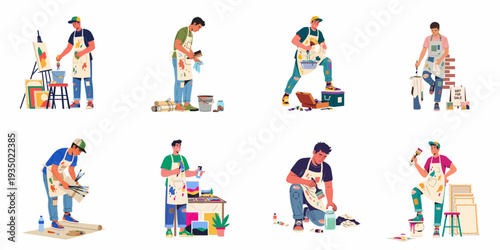 Set of diverse male artists creating, painting, and interacting with their artwork and supplies, showcasing various stages of the creative process.
